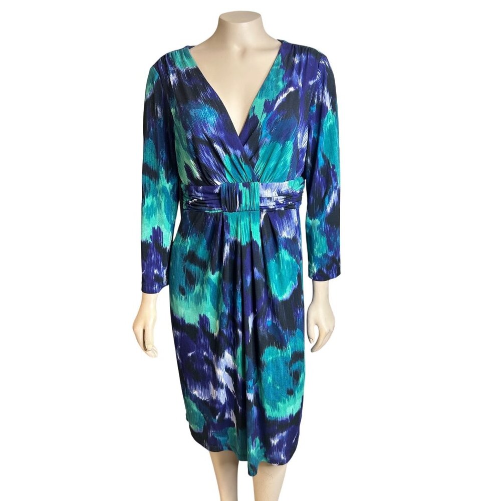 TG-30 Jones New York Women’s Size 12 Multicolor Abstract Print V-Neck Dress